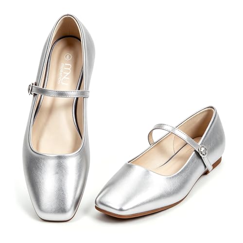 Image of MUSSHOE Square Toe Mary Jane Flats for Women: Comfortable Non-Slip Dressy Business Casual Shoes with Adjustable Strap for Office Work