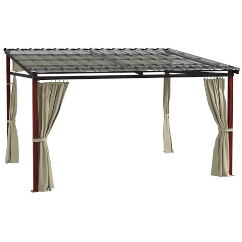 Outsunny Pergola ca. 3,5 x 3 m Winddichte Terassenüberdachung mit Seitenwände, Pavillon mit Einziehbarem Dach, Höhenverstellbar Terrassendach für Terrasse, Garten, Beige