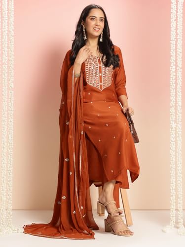Image of GoSriKi Women's Cotton Blend Embroidered Kurta Set with Pant & Dupatta - Straight Calf‑Length, 3 /4 Sleeve, Round Neck - Elegant Ethnic Attire (5 Colors, S-5XL)