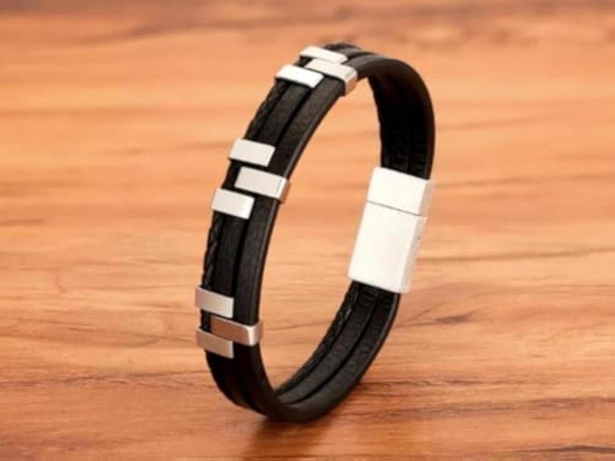 Men's Genuine Leather Braided Bracelet with Magnetic Buckle