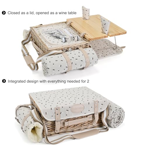 Image of Multifunctional Wicker Picnic Basket Set for 2 with Blanket and Picnic Table, Insulated Picnic Set with Full Tablewares for Camping Outdoor Couples,Cherry
