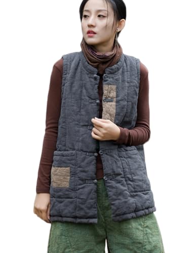 NFYM Women's Winter Outerwear Vest Frog Buttons Unique Patch Lightweight Sleeveless Quilted Gilet Coat with Pocket