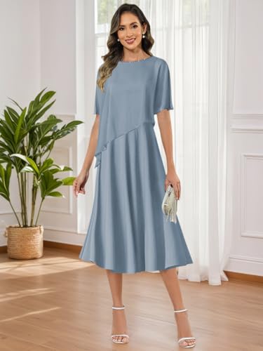 Tea Length Mother of The Bride Dresses with Cape Sequin Neck Aline Chiffon Formal Dress for Women2