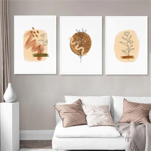 Arte mural minimalista en tonos neutros: conjunto de 3 láminas botánicas en lienzo de 50x60 cm
