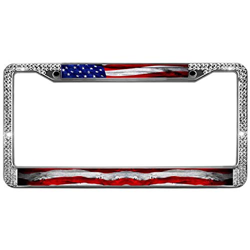 Metal Chrome License Plate Frames Patriotic American Flag Stainless