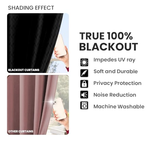 Image of LINENWALAS 100% True Blackout Curtains 5 Feet Long - Set of 2 Panels, Herringbone Embossed Design Complete Light Block Thermal Insulated & Noise Reducing Room Darkening Curtains (Black)