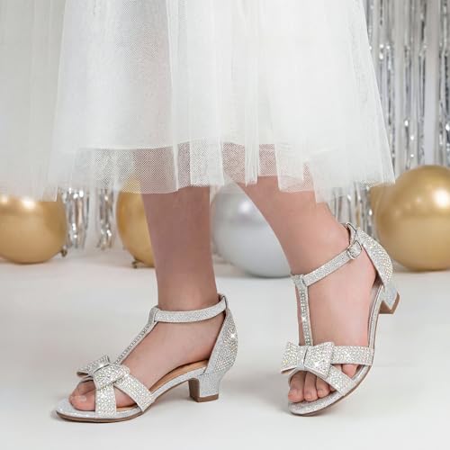 Image of Walofou Girls Dress Shoes Girls Heels Flower Girl Shoes Toddler Little Kid | 1.26 in Low Heels,Adjustable Buckle,Sparkly Bowknot,Glitter,Wedding,Party,Birthday,Holiday,Performance,Girls Dress Sandals