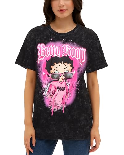 Betty Boop Womens Graphic T Shirt - Short Sleeve Streetwear Shirts for Women (Sizes: S-XL), Size Large, Betty Black Stone Wash