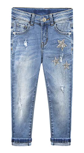 Calça jeans infantil infantil skinny rasgada com lantejoulas rosa e estrelas da KIDSCOOL Space, Silv