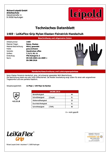 Foto von LeiKaFlex Grip 1469 Nylon-Elastan-Feinstrick-Handschuhe mit Nitril - Beschichtung 12 Paar Packung/Gr. 7-12 (10)