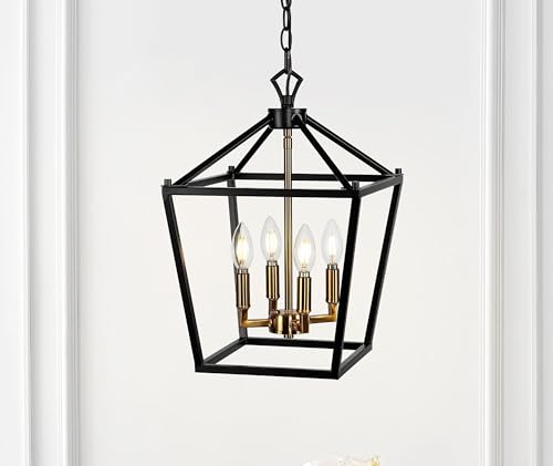 Image of JONATHAN Y Pagoda 4-Light Pendant 12 inch Cage, Oil Rubbed Bronze /Brass Gold | Traditional Metal Farmhouse Hanging Lantern Ceiling Fixture, Adjustable Chain Link, For Kitchen Island, LED Bulb Included