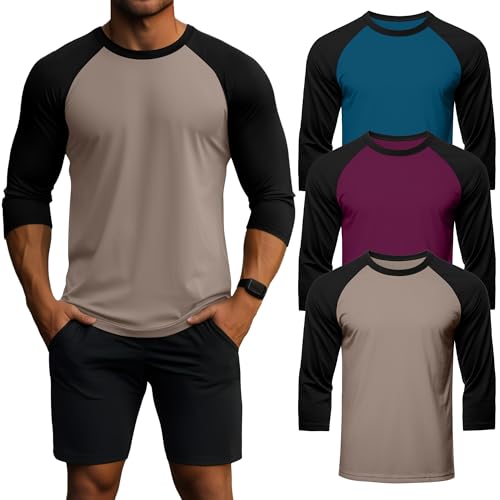 Huukeay 3 Pack Men's 3/4 Sleeve Shirts Crew Neck Baseball T Shirts Moisture Wicking Athletic Tops(Peacock Blue/Black, Purple Red/Black, Mocha/Black,Medium)
