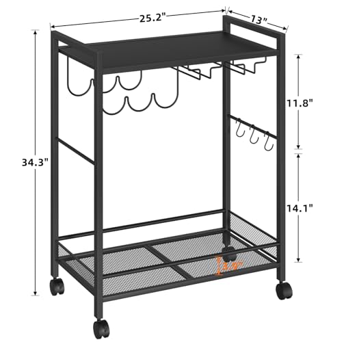 Image of Joaxswe Bar Cart, Home Bar Serving Cart with 2-Tier Shelf,Rolling Beverage Cart with Wheels,Mobile Kitchen Shelf,Modern Black Wine Drink Cart with Wine Rack and Glass Holder for Kitchen,Dinning Room