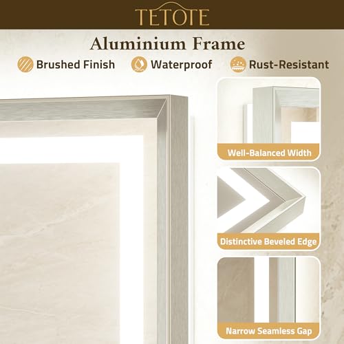TETOTE Led Bathroom Mirror 30 x 36 with Brushed Nickel Frame Anti-Fog Frontlit & Backlit Vanity Mirror Stepless Dimmable Lighted Mirrors for Bathroom Wall 3 Colors White/Warm/Natural Wall-Mounted