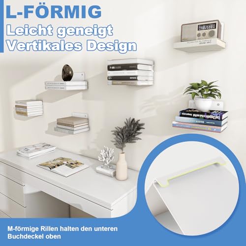 FENTEC Schwebende Bücherregale, Schwebendes Bücherregal für die Wand, Unsichtbare Bücherregale, Verstecktes Bücherregal aus Metall für das Schlafzimmer, Dekoration im Heimbüro, 4er Set, Weiß