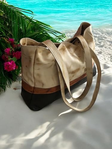Image of GENUINE LEATHER Tote Bag Soft Leather- Durable Cowhide, Magnetic Closure, Stylish Black and Tan Design, 18x11.8x4.8 inches, Perfect for Everyday Use, OFFER