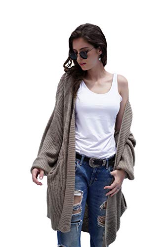 HZSONNE Women's Lantern Sleeve Open Front Side Pocket Shawl Collar Chunky Cardigan Sweater Casual Knit Blouses Khaki