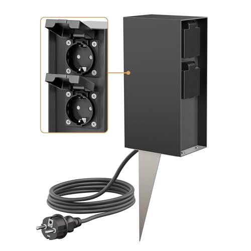 ledscom.de Columna de Enchufe para jardín POMI con Pica de Tierra y Cable de 2m para Exterior, IP44, cuádruple, Antracita, Angular, 23cm