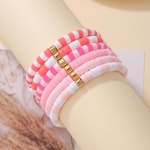 Image of COLORFUL BLING 6Pcs /Set Bohemia Heishi Clay Surfer Bead Stretch Bracelets Vinyl Disc Polymer Stackable Layering Bracelet Set Preppy Summer Beach Jewelry for Women