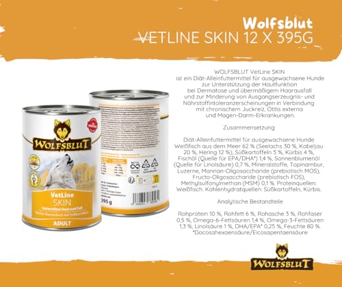 Wolfsblut Vetline Hundefutter - Skin & Coat, 12x395g - Sparbundel, Sparpaket - inklusive Warnicks Tierfutterservice Hundesnack Goodie