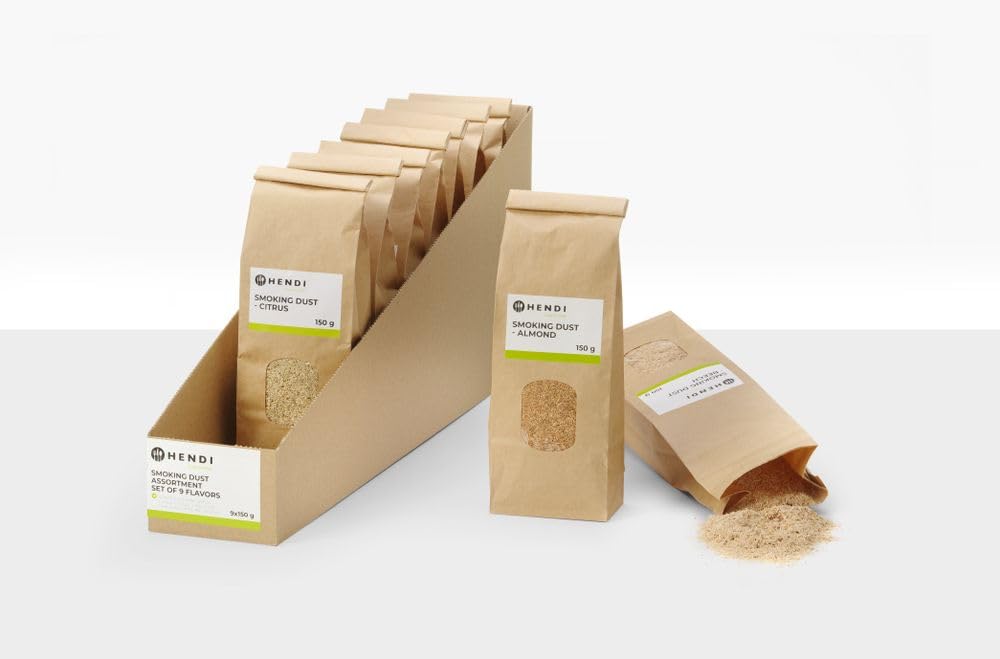 HENDI Trucioli, segatura, di legno, essenze aromatiche, per affumicatura a freddo, set di 9 aromi, mandorlo/faggio/olivo/agrumi/quercia/pesca/vino rosso/whisky/cognac, affumicatore, 1,4 kg (9x150 g)