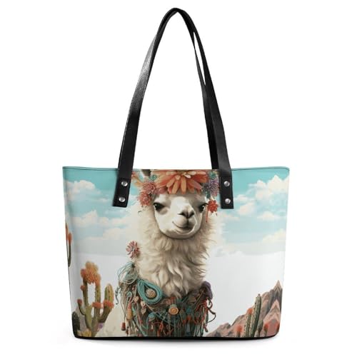 Sac à main exquis en cuir litchi vert et imprimé lama