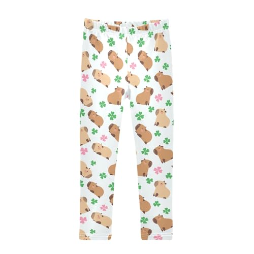 Capybara with Lucky Clover Girls Leggings Soft Comfortable Athletic Leggings Dancing Pants for 4-10 Years