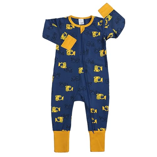 JiAmy Baby Schlafstrampler Jungen Mädchen, Baumwolle Langarm Reißverschluss Strampler Kleinkind Pyjamas ohne Fuß Marineblau 3-6 Monate