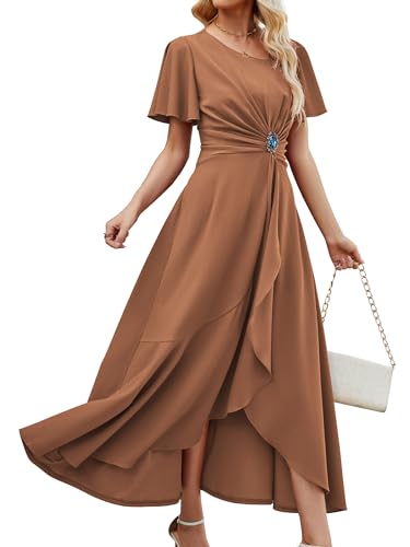 Image of QMZ Wedding Guest Dresses for Women V Neck Cocktail Dress Ruffle Sleeve A Line Evening Party Formal Dresses for Women