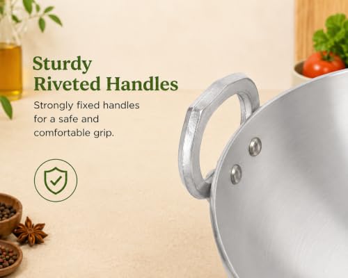 Image of Heavy Gauge Pure Aluminium Kadhai 21 cm, 1.5 Litre, 500g, Deep Frying Wok with Strong Double Handles, Fast & Even Heating, Lightweight Gas Stove Cooking Kadai for Everyday Kitchen Use