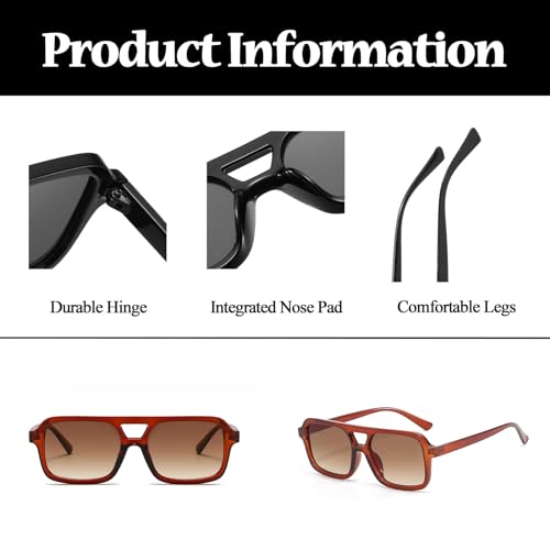 LJCZKA 70s Retro Square Sunglasses for Women Men Trendy Vintage Rectangle Shades Classic Double Bridge Sun Glasses4