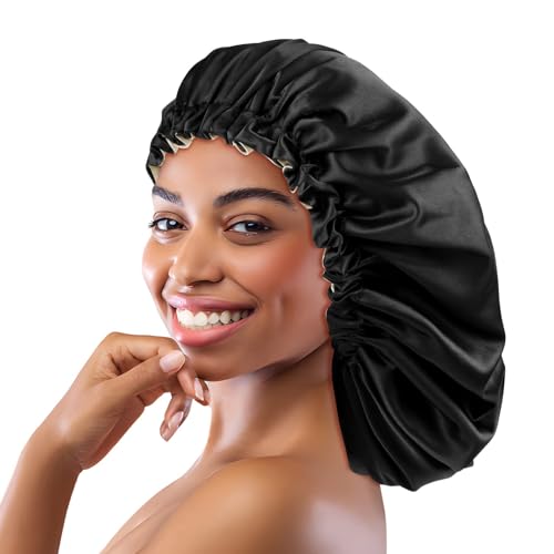Bonnet de sommeil soyeux grande taille noir double épaisseur pour femme