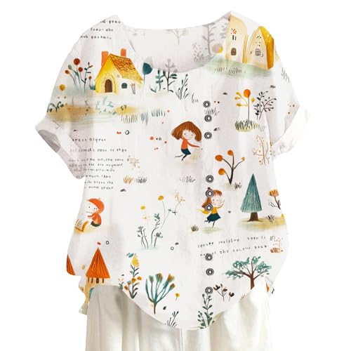 Short Sleeve Blouses for Women Casual Floral Tops Funny Cute Print Graffiti Tops Summer Crewneck Button Loose Shirts