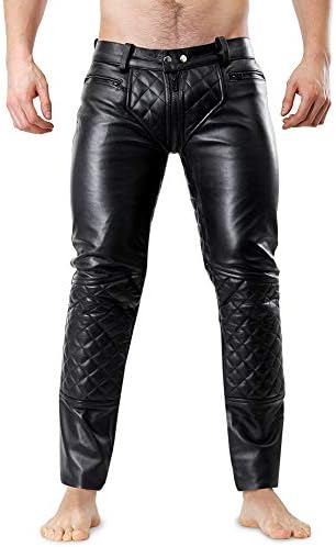 Bockle 5G-Zip Quilted Mens Black Leather Pants with Trough Zipper, Size: W36/L36