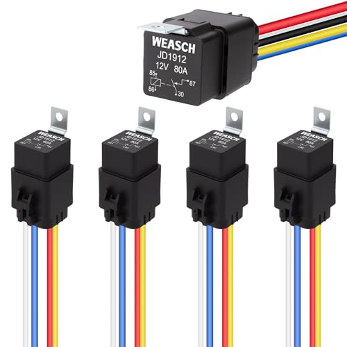 Weasch 5 Pack Waterproof Relay Kit, 12V 80A, 4 Pin SPST, 12 AWG Tinned Copper Wires Heavy Duty Automotive Relay for Automotive Car Marine Boat (5)