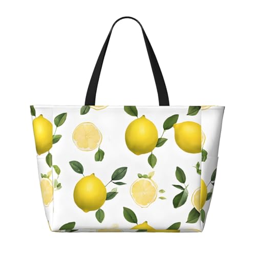 (Fresh Tropical Lemons) Large Beach Tote Bag for Women Waterproof Sandproof Travel Shoulder Bag with Pocket for Pool Vacation Weekend Gym2