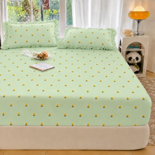 Image of VOMZER King Size (60x78) 300 TC Soft Cotton Feel Microfiber All Around Elastic Fitted Double Queen Bedsheet with 2 Frill Pillow Covers | Small Yellow Flower