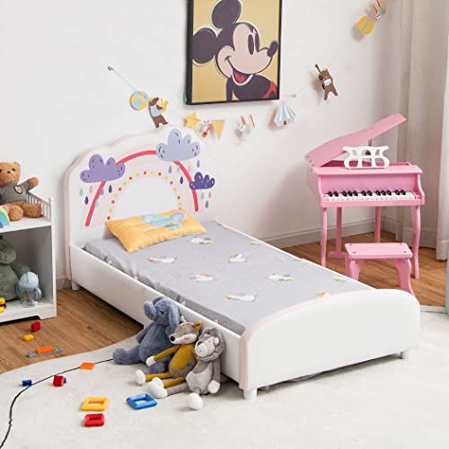 COSTWAY Kids Bed, Wooden Children Slat Support Bed Frame with Headboard and Footboard, Upholstered Toddler Single Sleeping Platform for Boys Girls (Rainbow Cloud)