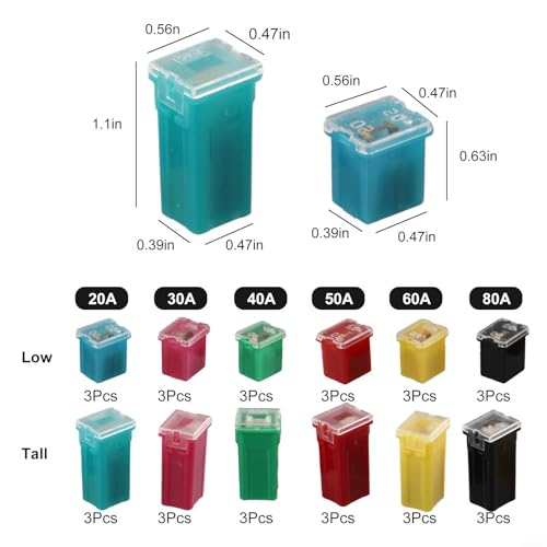 Kit de 36 fusibles para automóvil: perfil alto y bajo, 20 A a 80 A, aleación de cobre resistente al fuego, con caja de almacenamiento para camionetas Ford, autos y SUV miniatura 6