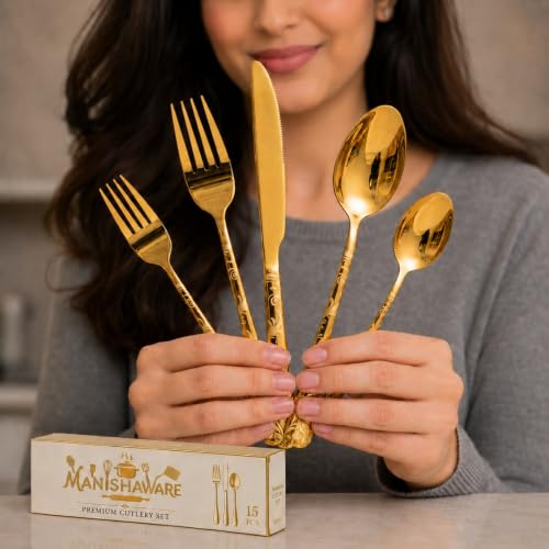 Image of Floral Gold 15 Pcs Stainless Steel Cutlery Set for Dining Table, Dishwasher Safe Glossy Flatware (3 Spoon Set+3 Forks Set+3 Butter Knife+3 Dessert Spoon+ 3 FruitFork)