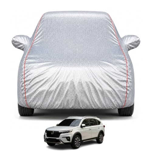 Image of Premium Car Cover for Honda's BRV Model | Waterproof, UV & Dust Protection | Mirror & Antenna Pocket | Triple Stitched, Soft Inner Lining, Belt & Buckle (Metalic Silver)