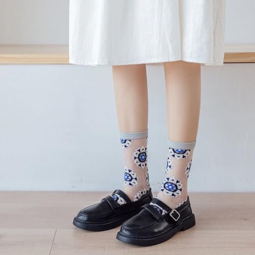 Image of Starella Womens Summer Sheer Socks Mesh Cute Floral Dress Sock Transparent Nylon See Through Stockings 3 Pairs Floral /Vintage