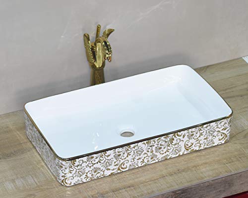 Image of InArt Designer Ceramic Polished, Premium, Rectangle Shape Table Top Wash Basin for Bathroom (Golden floral, 24 x 14 x 4.5 Inch)