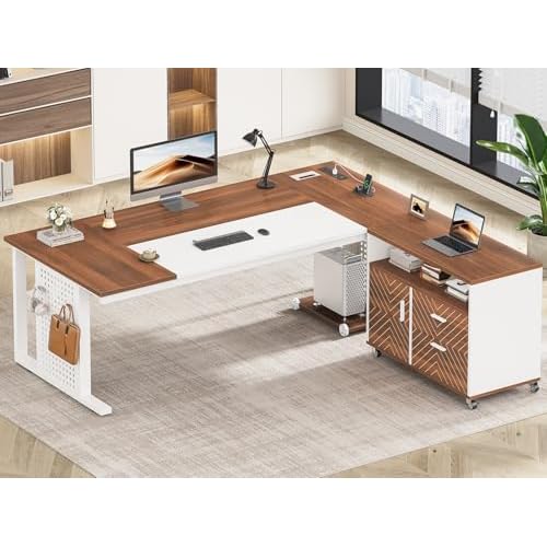 SEDETA 71" Executive Desk with Rolling File Cabinet, Large Office Desk with Drawers, L Shaped Computer Desk with Power Outlets, CPU Stand, Pegboard an