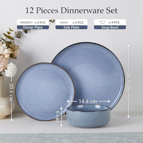 Onader 12 Piece Dinner Set, Reactive Glaze Stoneware Dinnerware for 4 People, Elegant Plates and Bowls Sets for Kitchen Christmas Camping, Scratch Resistant, Microwave & Dishwasher Safe - Lagoon Blue - Image 3