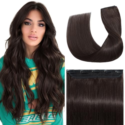 S-noilite Clip in Human Hair Extensions One Piece 5 Clips 3/4 Full Head Clip on Remy Hair Extension For Women Lighter One-Piece Design Adding Hair Volume 22Inch 55g Dark Brown