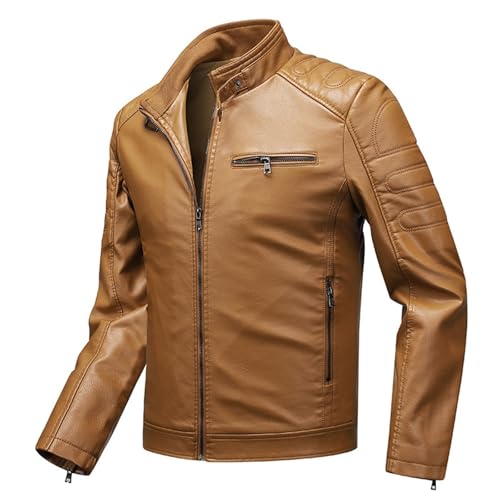 Generisch Chaqueta de cuero para hombre retro: chaqueta de piel sintética con muchas cremalleras, chaqueta de motorista ligera con cuello alto, chaqueta bombardero, cortavientos, chaqueta para