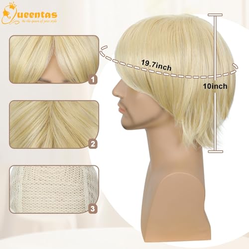 Image of QUEENTAS Unisex 10 Inch Short Straight Blonde Wig, Heat Resistant Synthetic Glueless Wig for Halloween Cosplay Daily Wear