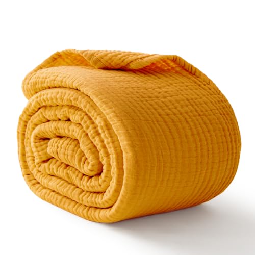 Image of 100% Cotton Muslin Blanket for Adults, 6-Layer, Queen, 90 x 90, Yellow