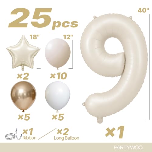 Image of PartyWoo Beige Number 9 Balloon 40 Inch 25pcs White Sand Foil Star Gold